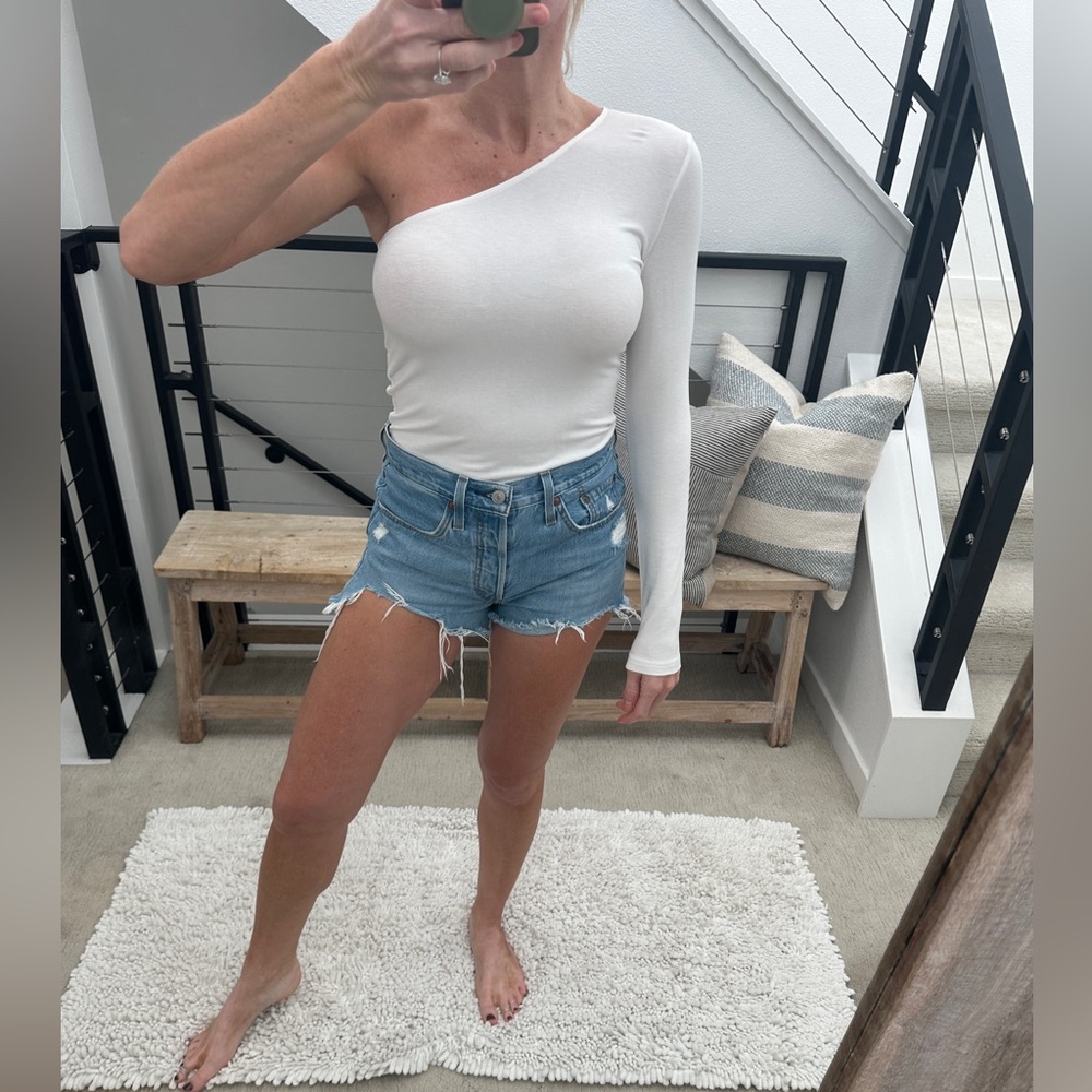 Mangopop White One Shoulder Bodysuit Long Sleeve Fitted Chic Minimal | Size S